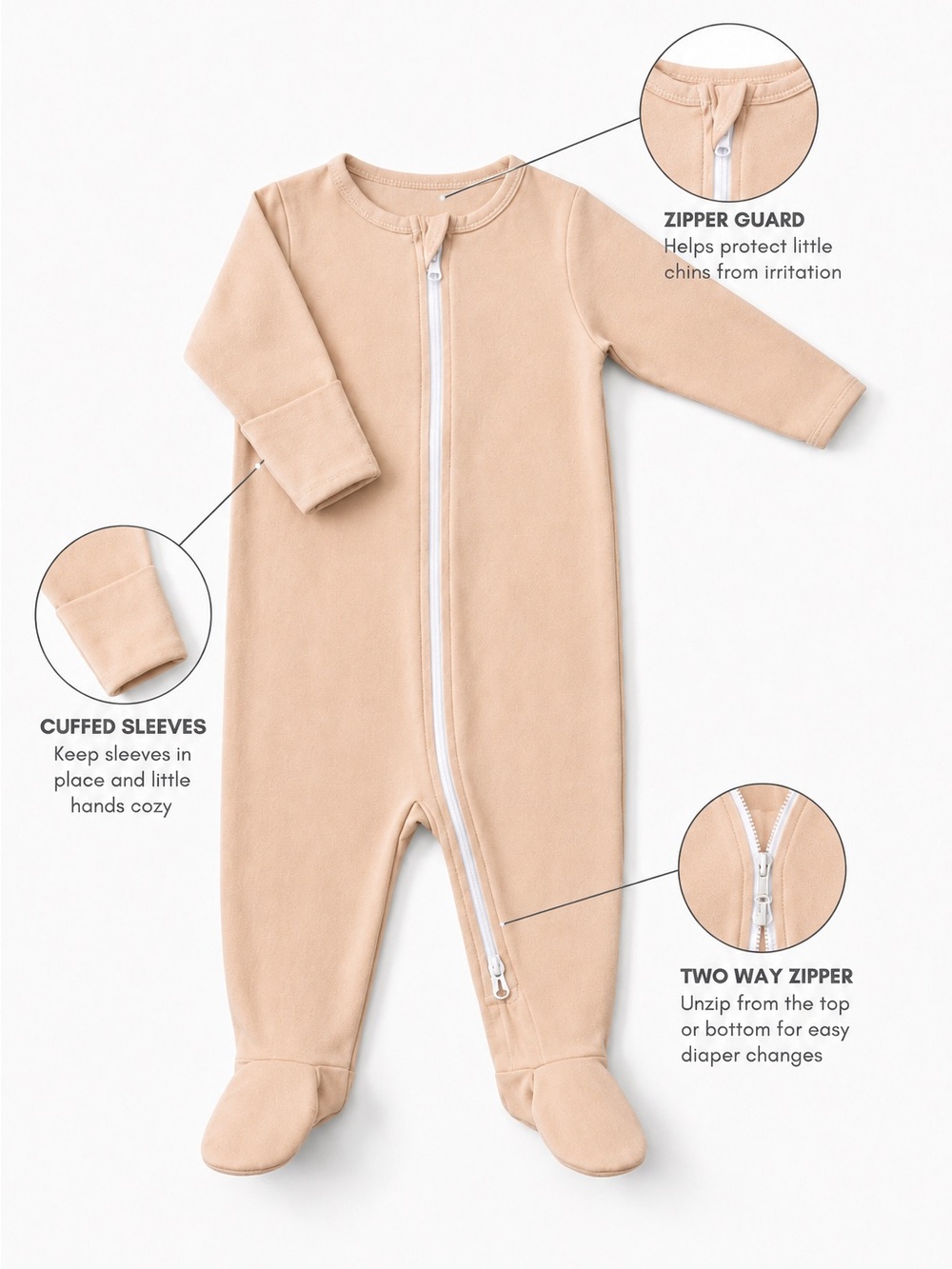 NWT Baby Footed One-Piece Pajama with Two-Way Zipper & Cuffed Sleeves - Picture 2 of 5